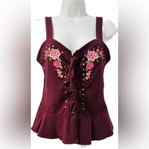 Aeropostale Burgundy Floral Embroidered Top